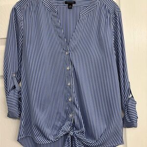 Ann Taylor Blue and White Striped Blouse Tie waist